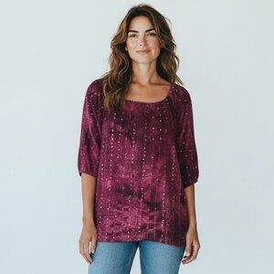 Shannon Ford Blouse Burgundy Tie Dye Sequins Embroidery L/XL‎ #224J
